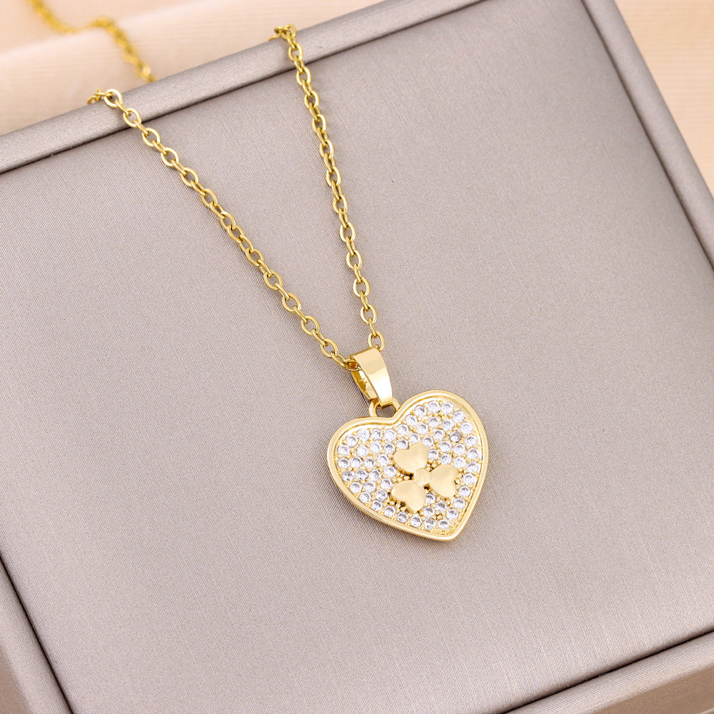 Wholesale Micro Paved Diamond Heart Titanium Steel Necklaces